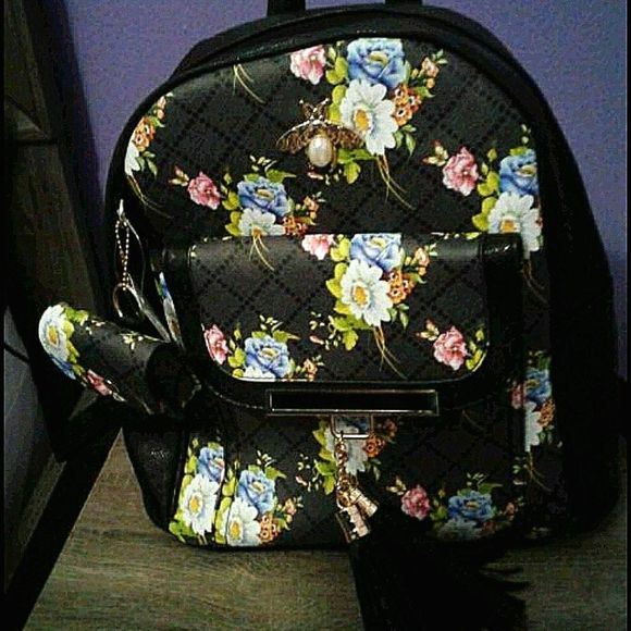 Black Floral Vegan Leather Boho Cottagecore Backpack with Coin Purse - Picture 1 of 8